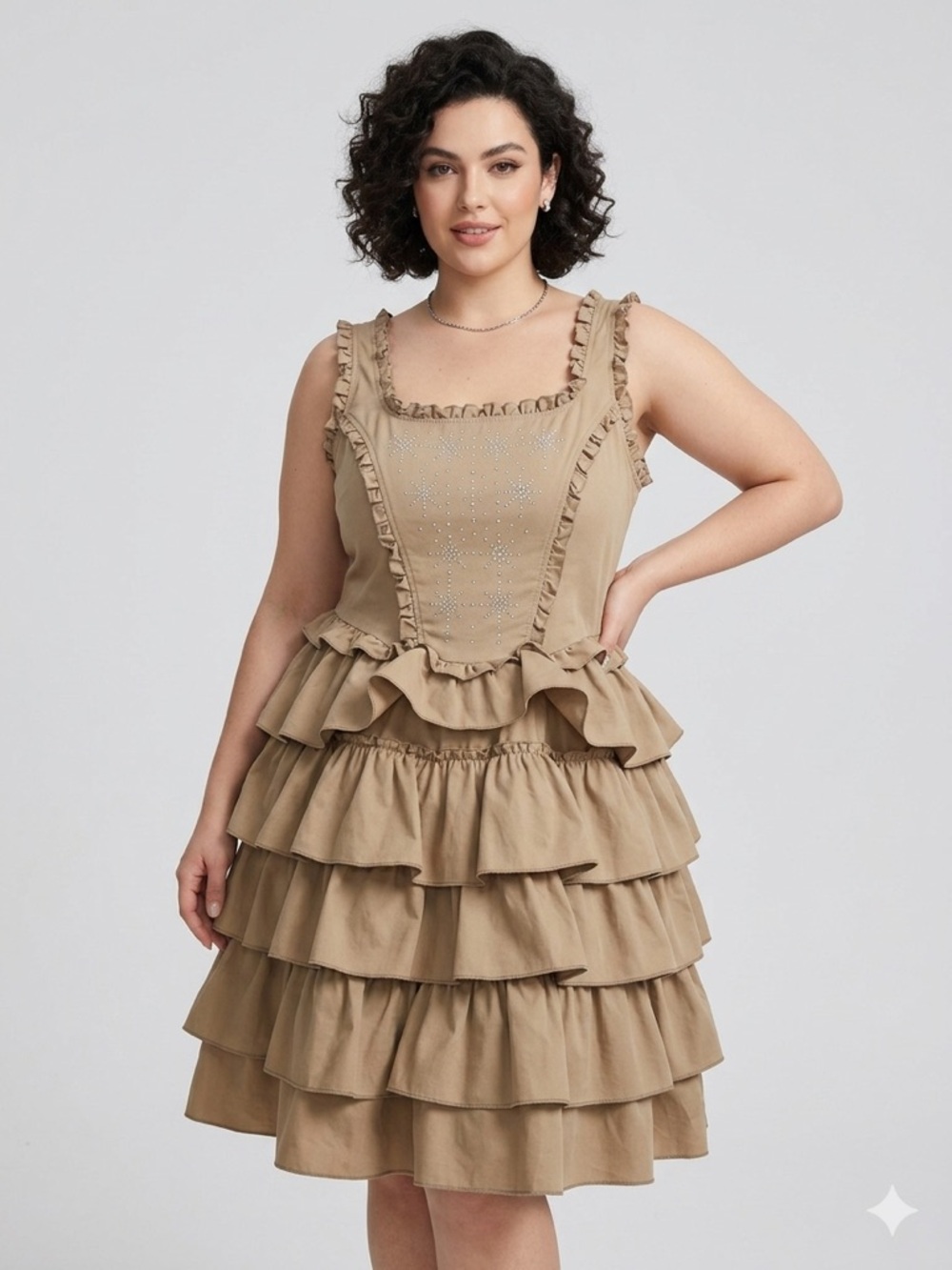 SHEIN Tiered Ruffle Sleeveless Dress in Tan